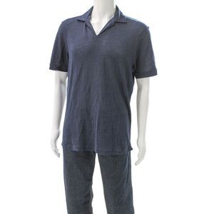 M&S Mens Short Sleeve Collared V Neck Knit Polo Shirt Navy Cotton Size Medium